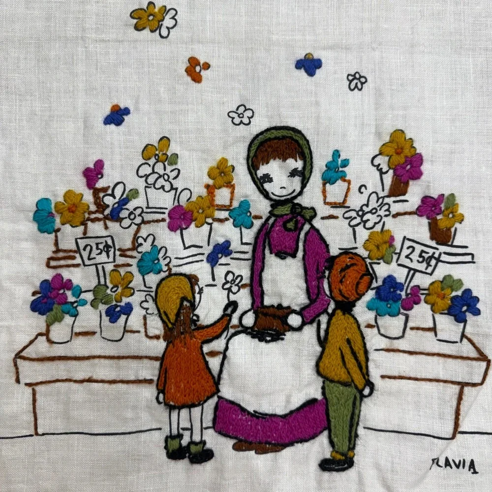 Vintage Flavia Weedn Hand Embroidered Linen Longfellow Quote Flower Market Art